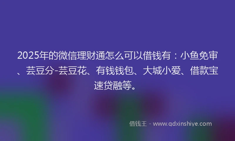 2025年的微信理财通怎么可以借钱有：小鱼免审、芸豆分-芸豆花、有钱钱包、大城小爱、借款宝速贷融等。
