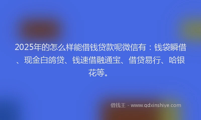 2025年的怎么样能借钱贷款呢微信有：钱袋瞬借、现金白鸽贷、钱速借融通宝、借贷易行、哈银花等。