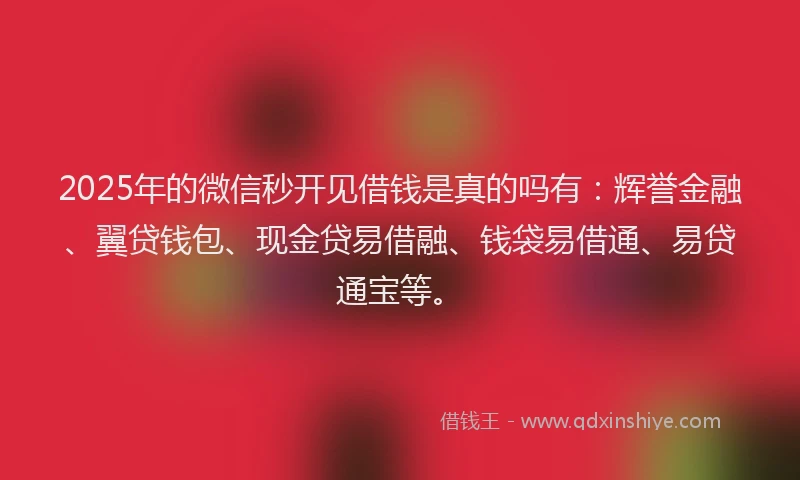 2025年的微信秒开见借钱是真的吗有：辉誉金融、翼贷钱包、现金贷易借融、钱袋易借通、易贷通宝等。