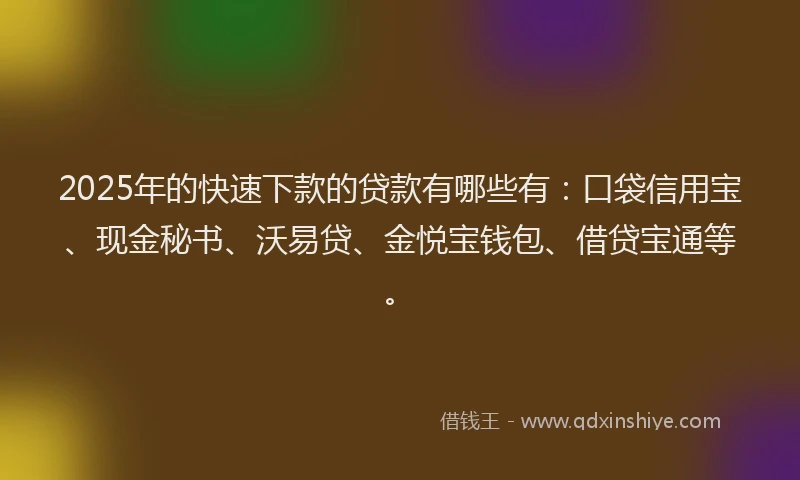 2025年的快速下款的贷款有哪些有：口袋信用宝、现金秘书、沃易贷、金悦宝钱包、借贷宝通等。