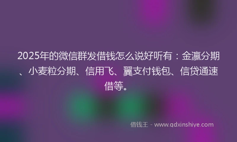 2025年的微信群发借钱怎么说好听有：金瀛分期、小麦粒分期、信用飞、翼支付钱包、信贷通速借等。