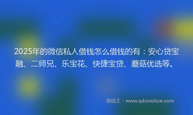 2025年的微信私人借钱怎么借钱的有：安心贷宝融、二师兄、乐宝花、快捷宝贷、蘑菇优选等。