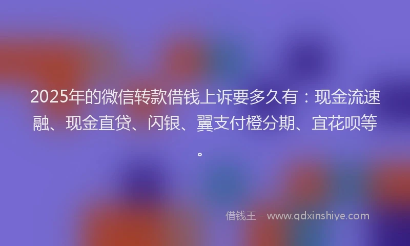 2025年的微信转款借钱上诉要多久有：现金流速融、现金直贷、闪银、翼支付橙分期、宜花呗等。