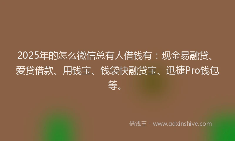 2025年的怎么微信总有人借钱有：现金易融贷、爱贷借款、用钱宝、钱袋快融贷宝、迅捷Pro钱包等。