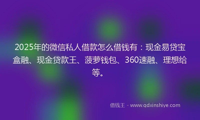 2025年的微信私人借款怎么借钱有：现金易贷宝盒融、现金贷款王、菠萝钱包、360速融、理想给等。