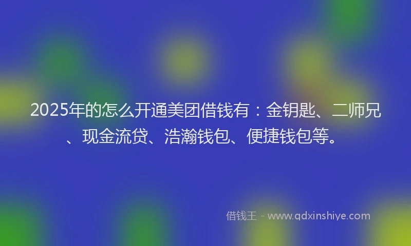 2025年的怎么开通美团借钱有：金钥匙、二师兄、现金流贷、浩瀚钱包、便捷钱包等。