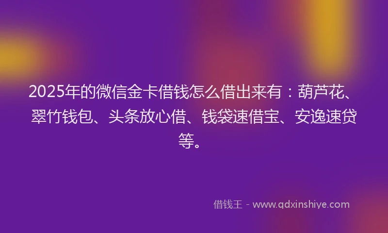 2025年的微信金卡借钱怎么借出来有：葫芦花、翠竹钱包、头条放心借、钱袋速借宝、安逸速贷等。
