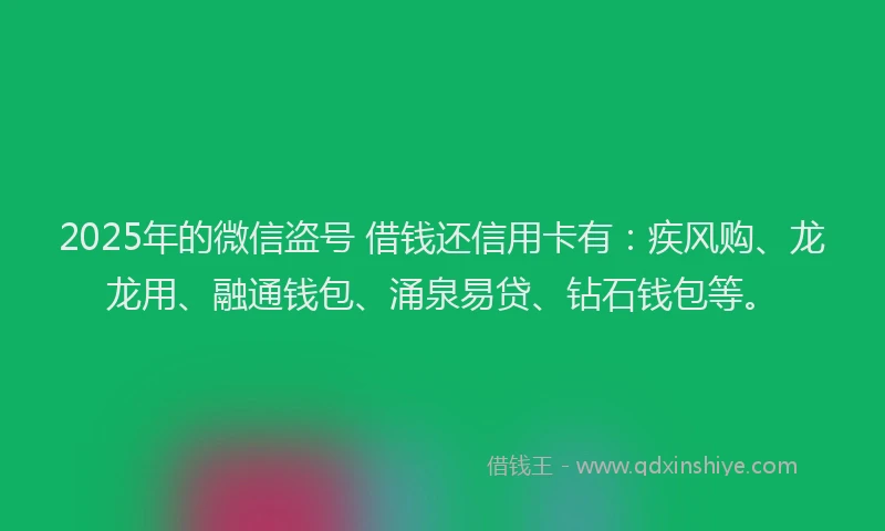 2025年的微信盗号 借钱还信用卡有：疾风购、龙龙用、融通钱包、涌泉易贷、钻石钱包等。