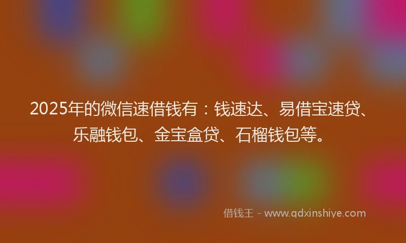 2025年的微信速借钱有：钱速达、易借宝速贷、乐融钱包、金宝盒贷、石榴钱包等。
