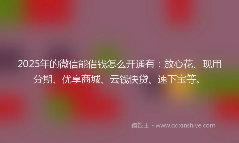 2025年的微信能借钱怎么开通有：放心花、现用分期、优享商城、云钱快贷、速下宝等。