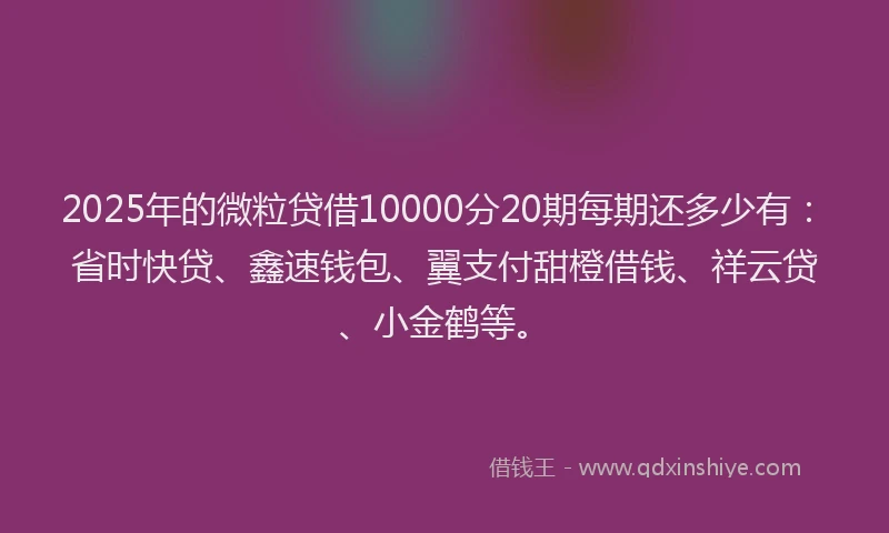2025年的微粒贷借10000分20期每期还多少有：省时快贷、鑫速钱包、翼支付甜橙借钱、祥云贷、小金鹤等。