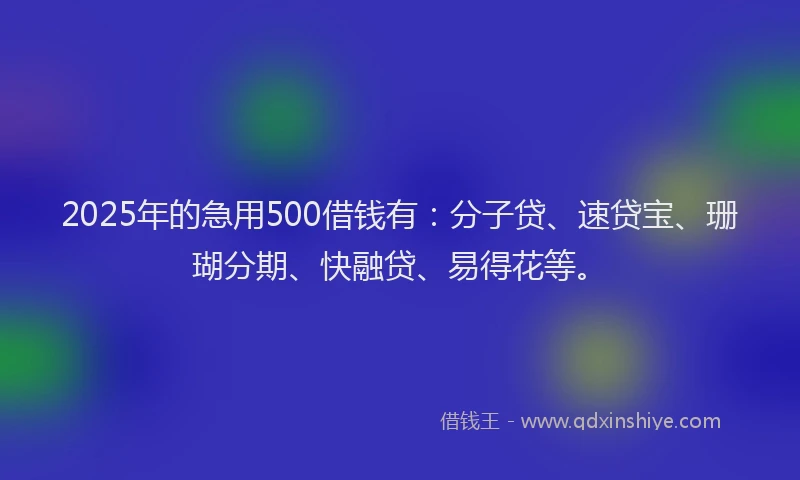 2025年的急用500借钱有：分子贷、速贷宝、珊瑚分期、快融贷、易得花等。