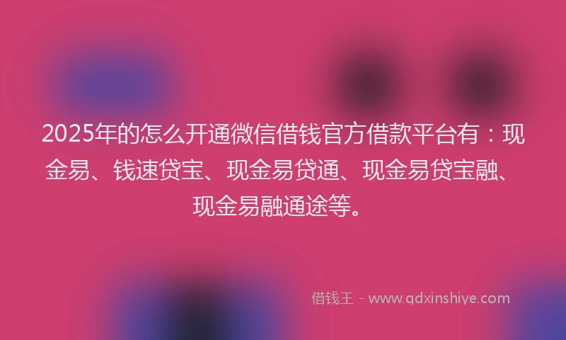 2025年的怎么开通微信借钱官方借款平台有：现金易、钱速贷宝、现金易贷通、现金易贷宝融、现金易融通途等。