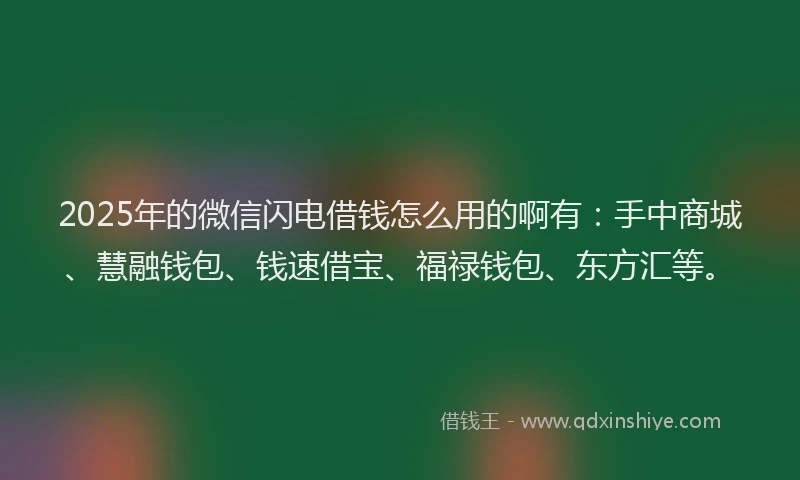 2025年的微信闪电借钱怎么用的啊有：手中商城、慧融钱包、钱速借宝、福禄钱包、东方汇等。