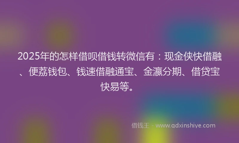 2025年的怎样借呗借钱转微信有：现金侠快借融、便荔钱包、钱速借融通宝、金瀛分期、借贷宝快易等。