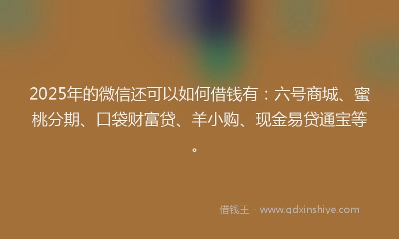 2025年的微信还可以如何借钱有：六号商城、蜜桃分期、口袋财富贷、羊小购、现金易贷通宝等。