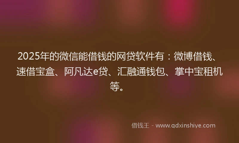 2025年的微信能借钱的网贷软件有：微博借钱、速借宝盒、阿凡达e贷、汇融通钱包、掌中宝租机等。