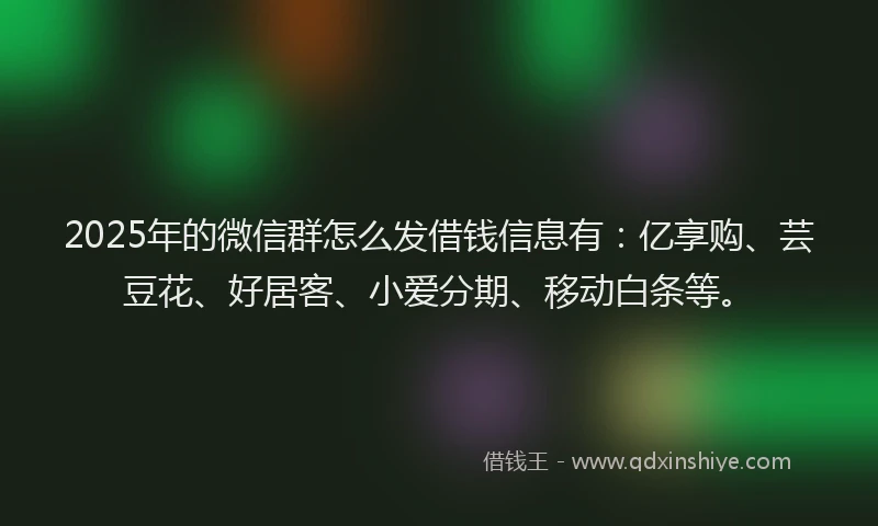 2025年的微信群怎么发借钱信息有：亿享购、芸豆花、好居客、小爱分期、移动白条等。