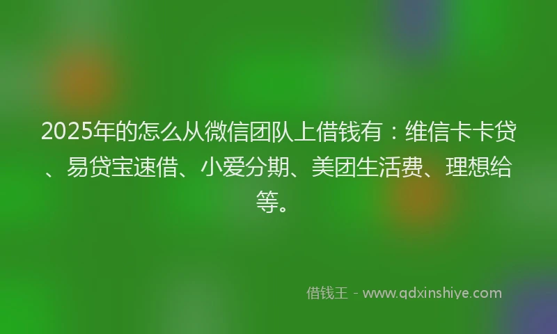 2025年的怎么从微信团队上借钱有：维信卡卡贷、易贷宝速借、小爱分期、美团生活费、理想给等。