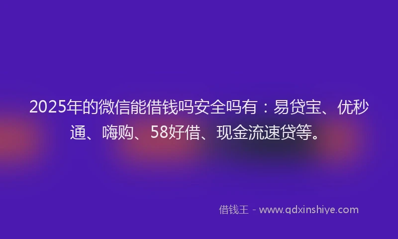 2025年的微信能借钱吗安全吗有：易贷宝、优秒通、嗨购、58好借、现金流速贷等。