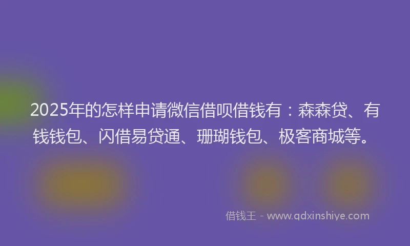2025年的怎样申请微信借呗借钱有：森森贷、有钱钱包、闪借易贷通、珊瑚钱包、极客商城等。