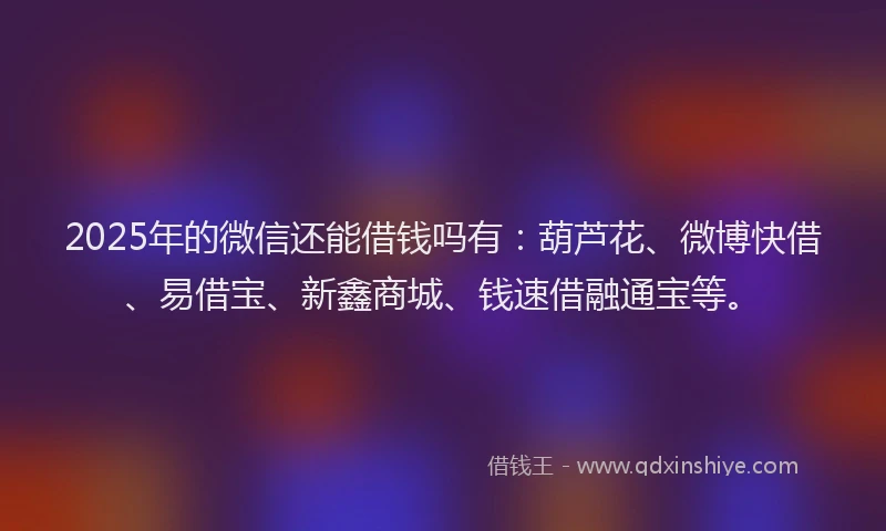 2025年的微信还能借钱吗有：葫芦花、微博快借、易借宝、新鑫商城、钱速借融通宝等。