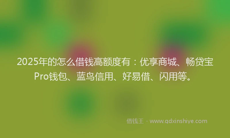 2025年的怎么借钱高额度有：优享商城、畅贷宝Pro钱包、蓝鸟信用、好易借、闪用等。