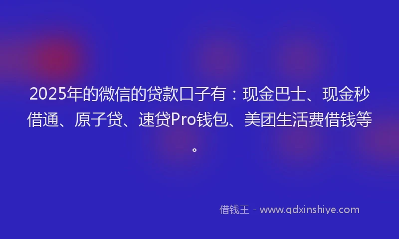 2025年的微信的贷款口子有：现金巴士、现金秒借通、原子贷、速贷Pro钱包、美团生活费借钱等。
