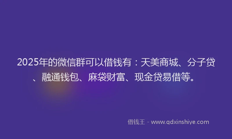 2025年的微信群可以借钱有：天美商城、分子贷、融通钱包、麻袋财富、现金贷易借等。
