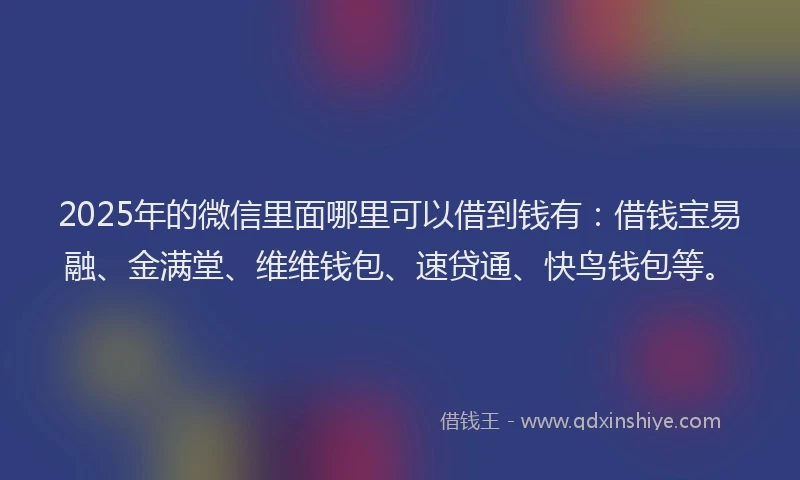 2025年的微信里面哪里可以借到钱有：借钱宝易融、金满堂、维维钱包、速贷通、快鸟钱包等。