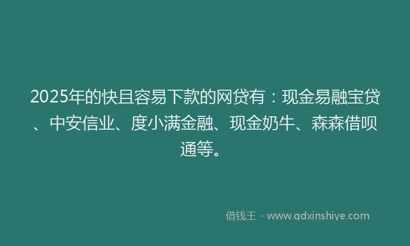 2025年的快且容易下款的网贷有：现金易融宝贷、中安信业、度小满金融、现金奶牛、森森借呗通等。