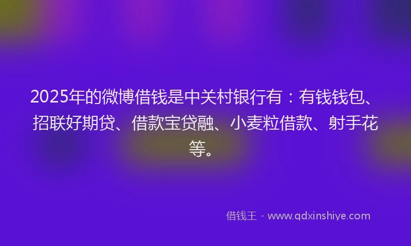 2025年的微博借钱是中关村银行有：有钱钱包、招联好期贷、借款宝贷融、小麦粒借款、射手花等。