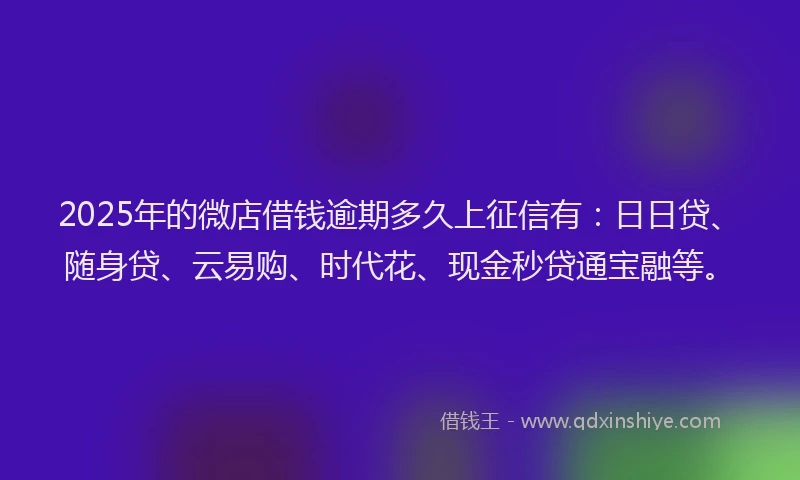 2025年的微店借钱逾期多久上征信有：日日贷、随身贷、云易购、时代花、现金秒贷通宝融等。