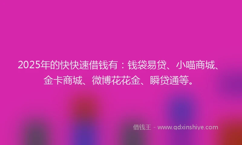 2025年的快快速借钱有：钱袋易贷、小喵商城、金卡商城、微博花花金、瞬贷通等。