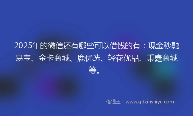 2025年的微信还有哪些可以借钱的有：现金秒融易宝、金卡商城、鹿优选、轻花优品、秉鑫商城等。