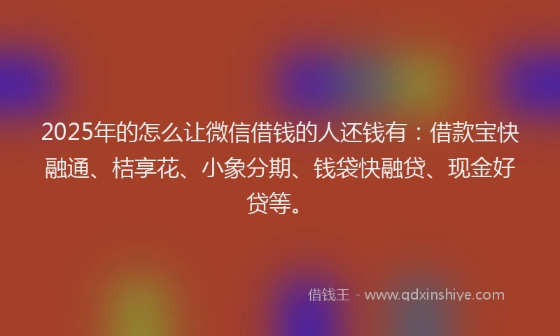 2025年的怎么让微信借钱的人还钱有：借款宝快融通、桔享花、小象分期、钱袋快融贷、现金好贷等。