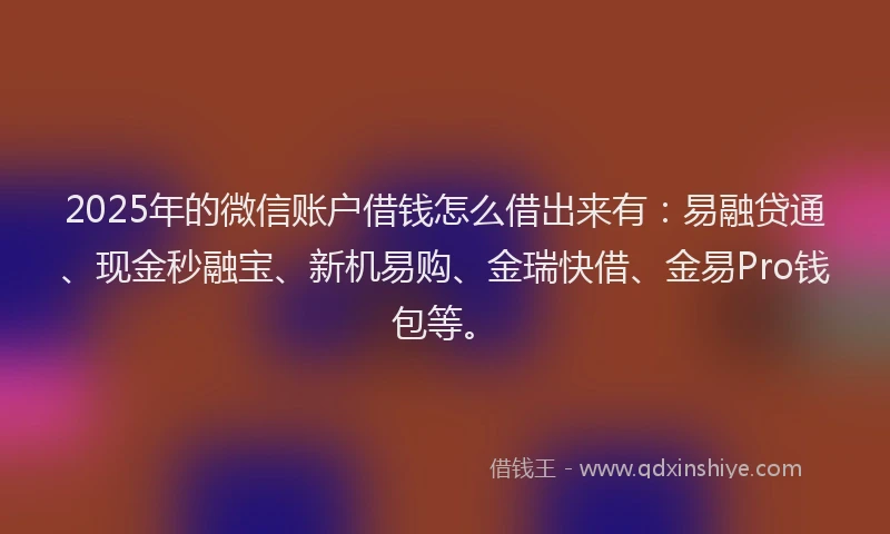 2025年的微信账户借钱怎么借出来有：易融贷通、现金秒融宝、新机易购、金瑞快借、金易Pro钱包等。