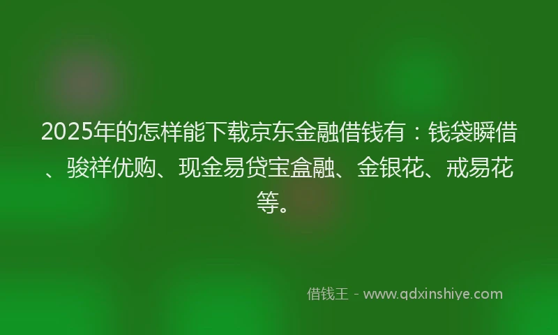 2025年的怎样能下载京东金融借钱有：钱袋瞬借、骏祥优购、现金易贷宝盒融、金银花、戒易花等。