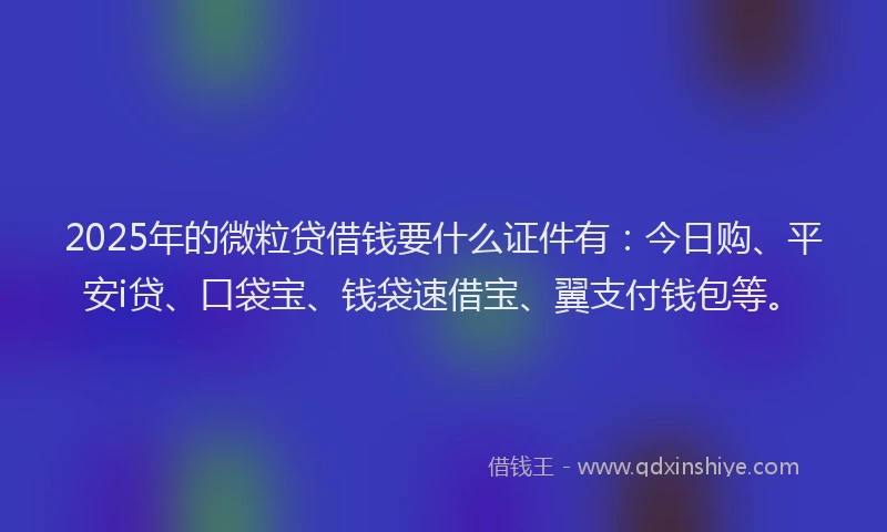 2025年的微粒贷借钱要什么证件有：今日购、平安i贷、口袋宝、钱袋速借宝、翼支付钱包等。
