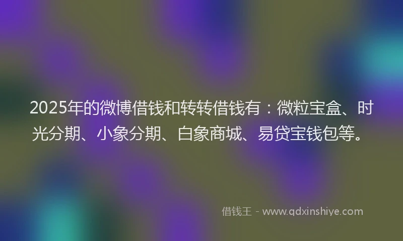 2025年的微博借钱和转转借钱有：微粒宝盒、时光分期、小象分期、白象商城、易贷宝钱包等。