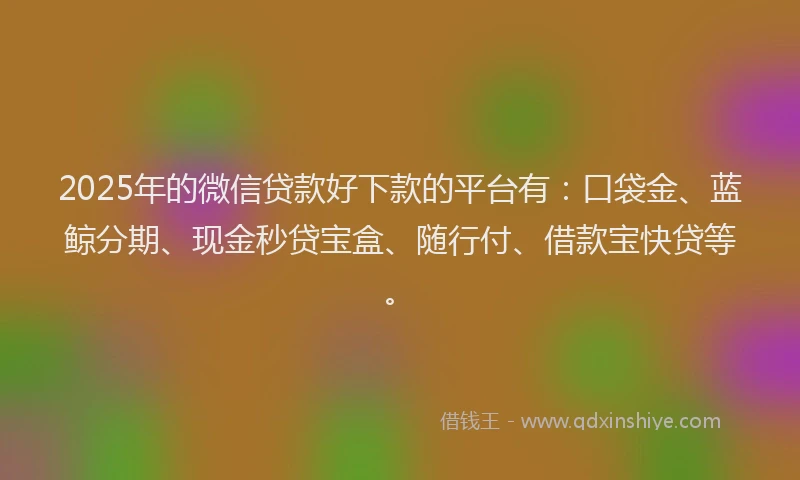 2025年的微信贷款好下款的平台有：口袋金、蓝鲸分期、现金秒贷宝盒、随行付、借款宝快贷等。