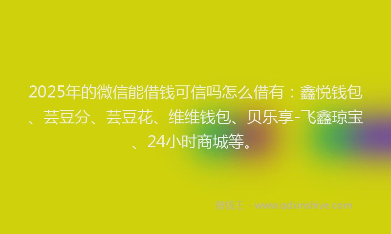 2025年的微信能借钱可信吗怎么借有：鑫悦钱包、芸豆分、芸豆花、维维钱包、贝乐享-飞鑫琼宝、24小时商城等。