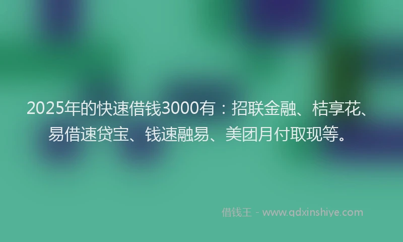 2025年的快速借钱3000有：招联金融、桔享花、易借速贷宝、钱速融易、美团月付取现等。