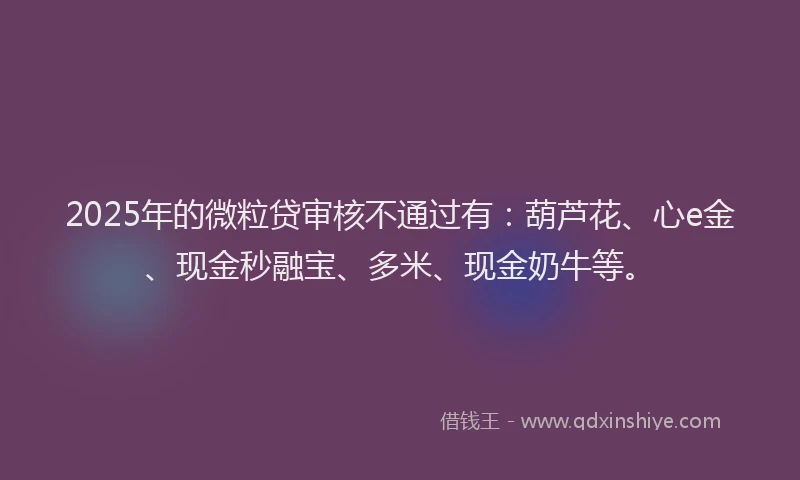 2025年的微粒贷审核不通过有：葫芦花、心e金、现金秒融宝、多米、现金奶牛等。