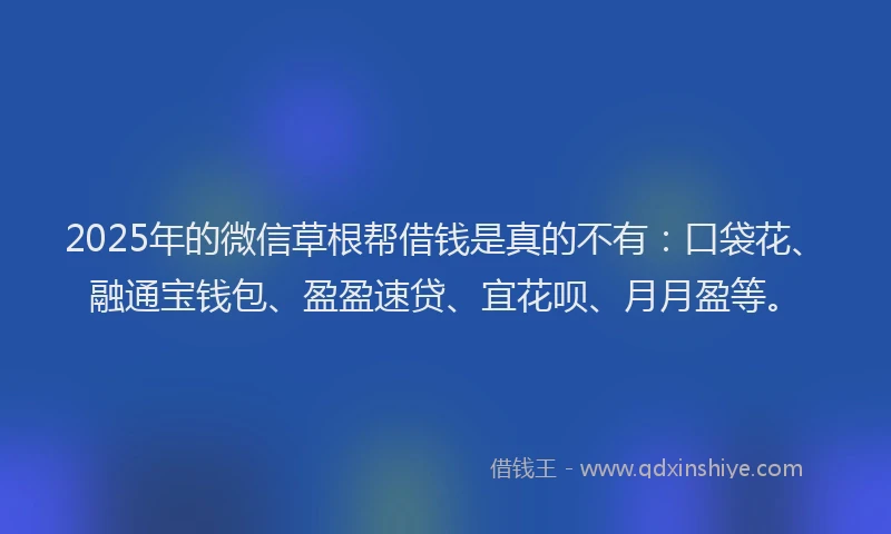 2025年的微信草根帮借钱是真的不有：口袋花、融通宝钱包、盈盈速贷、宜花呗、月月盈等。