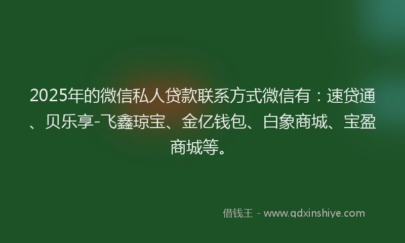 2025年的微信私人贷款联系方式微信有：速贷通、贝乐享-飞鑫琼宝、金亿钱包、白象商城、宝盈商城等。