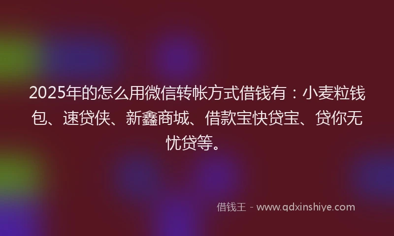 2025年的怎么用微信转帐方式借钱有：小麦粒钱包、速贷侠、新鑫商城、借款宝快贷宝、贷你无忧贷等。
