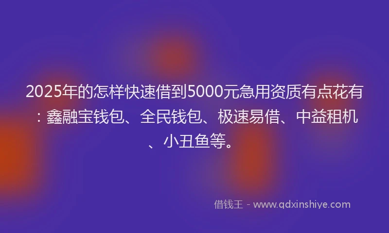 2025年的怎样快速借到5000元急用资质有点花有：鑫融宝钱包、全民钱包、极速易借、中益租机、小丑鱼等。
