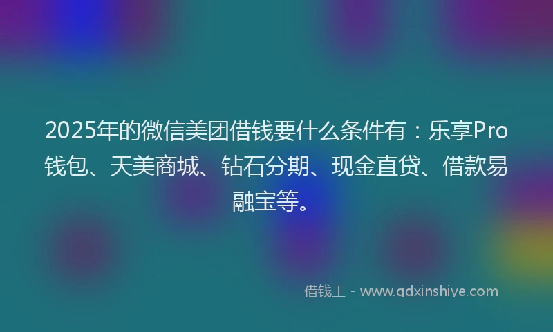 2025年的微信美团借钱要什么条件有：乐享Pro钱包、天美商城、钻石分期、现金直贷、借款易融宝等。