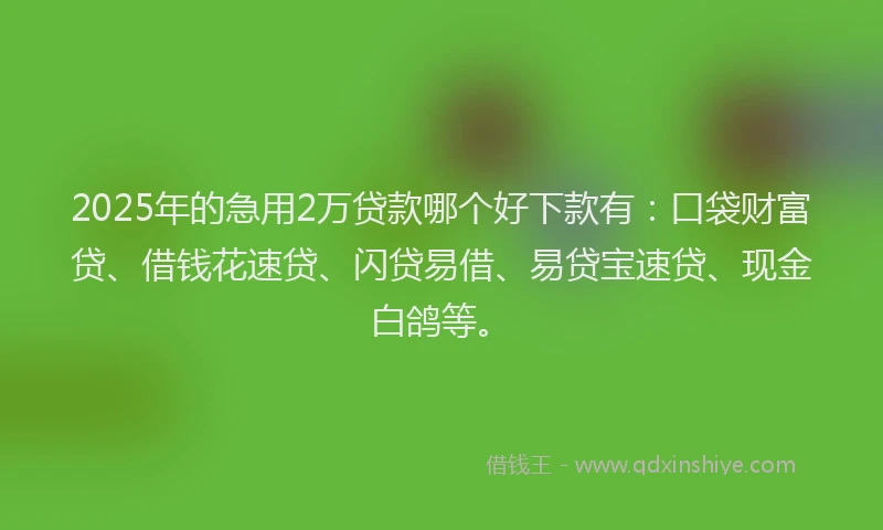 2025年的急用2万贷款哪个好下款有：口袋财富贷、借钱花速贷、闪贷易借、易贷宝速贷、现金白鸽等。
